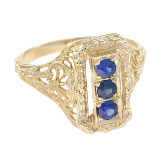 Sapphire Three Stone and Yellow Gold Filigree Ring