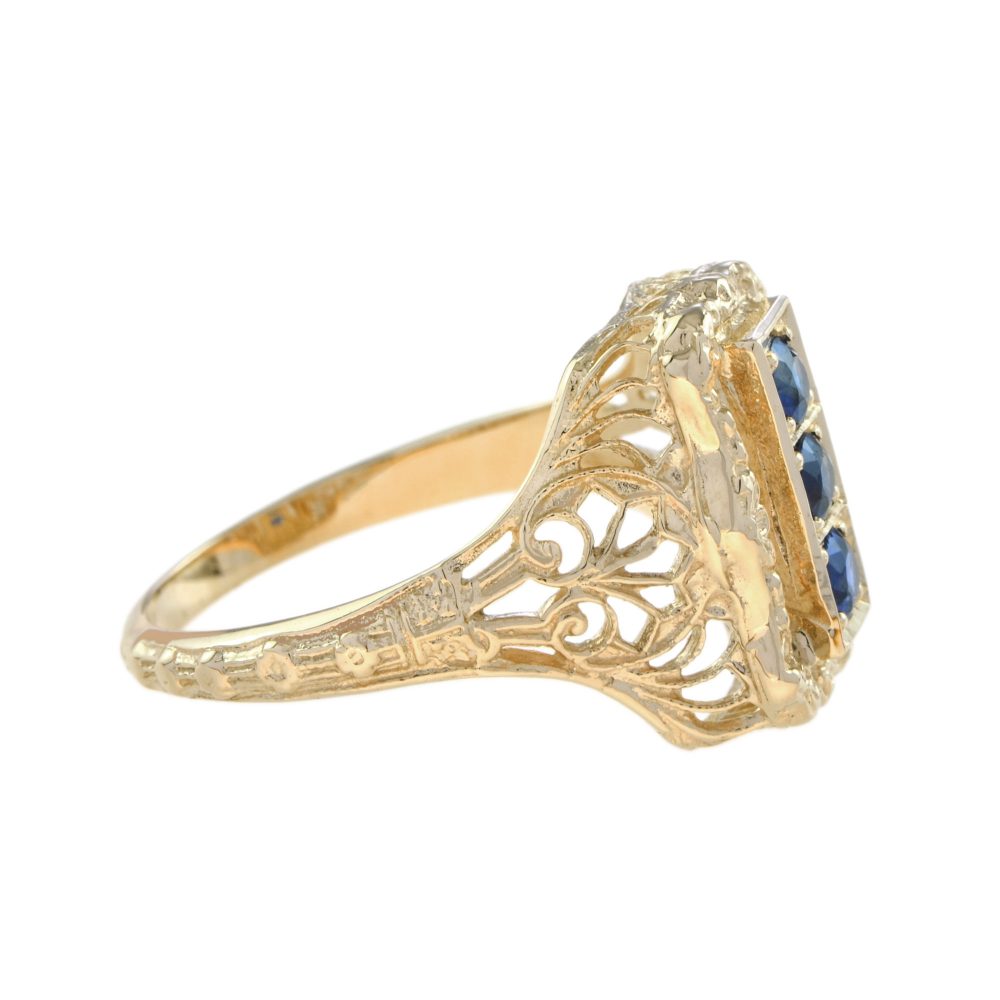 Sapphire Three Stone and Yellow Gold Filigree Ring