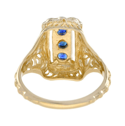 Sapphire Three Stone and Yellow Gold Filigree Ring