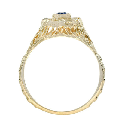 Sapphire Three Stone and Yellow Gold Filigree Ring