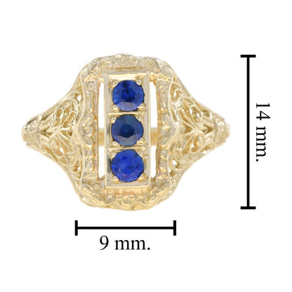 Sapphire Three Stone and Yellow Gold Filigree Ring
