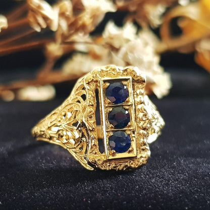 Sapphire Three Stone and Yellow Gold Filigree Ring