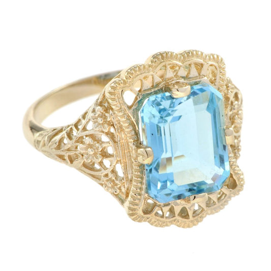 Natural Emerald Cut Blue Topaz Filigree Gold Ring