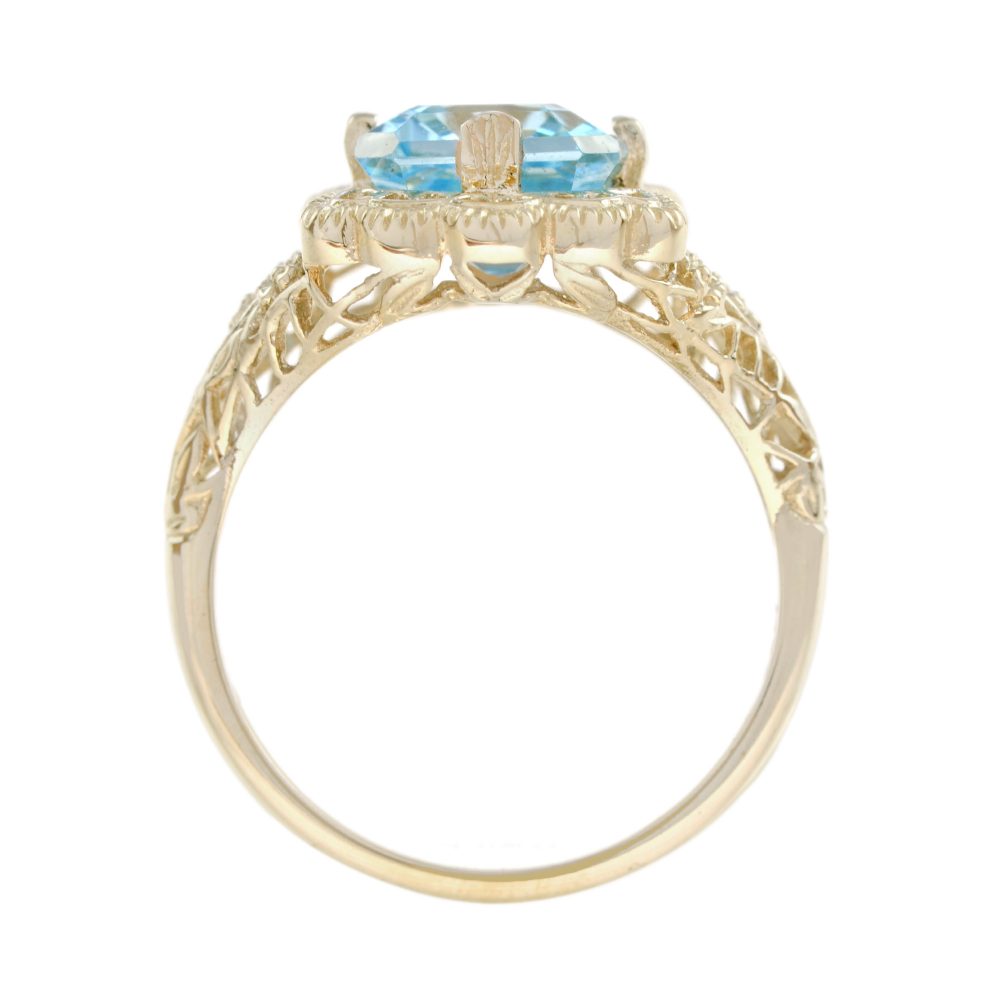 Natural Emerald Cut Blue Topaz Filigree Gold Ring