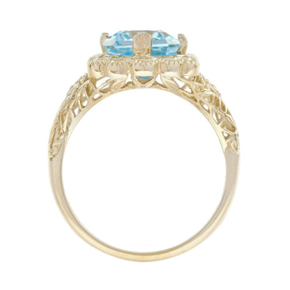 Natural Emerald Cut Blue Topaz Filigree Gold Ring