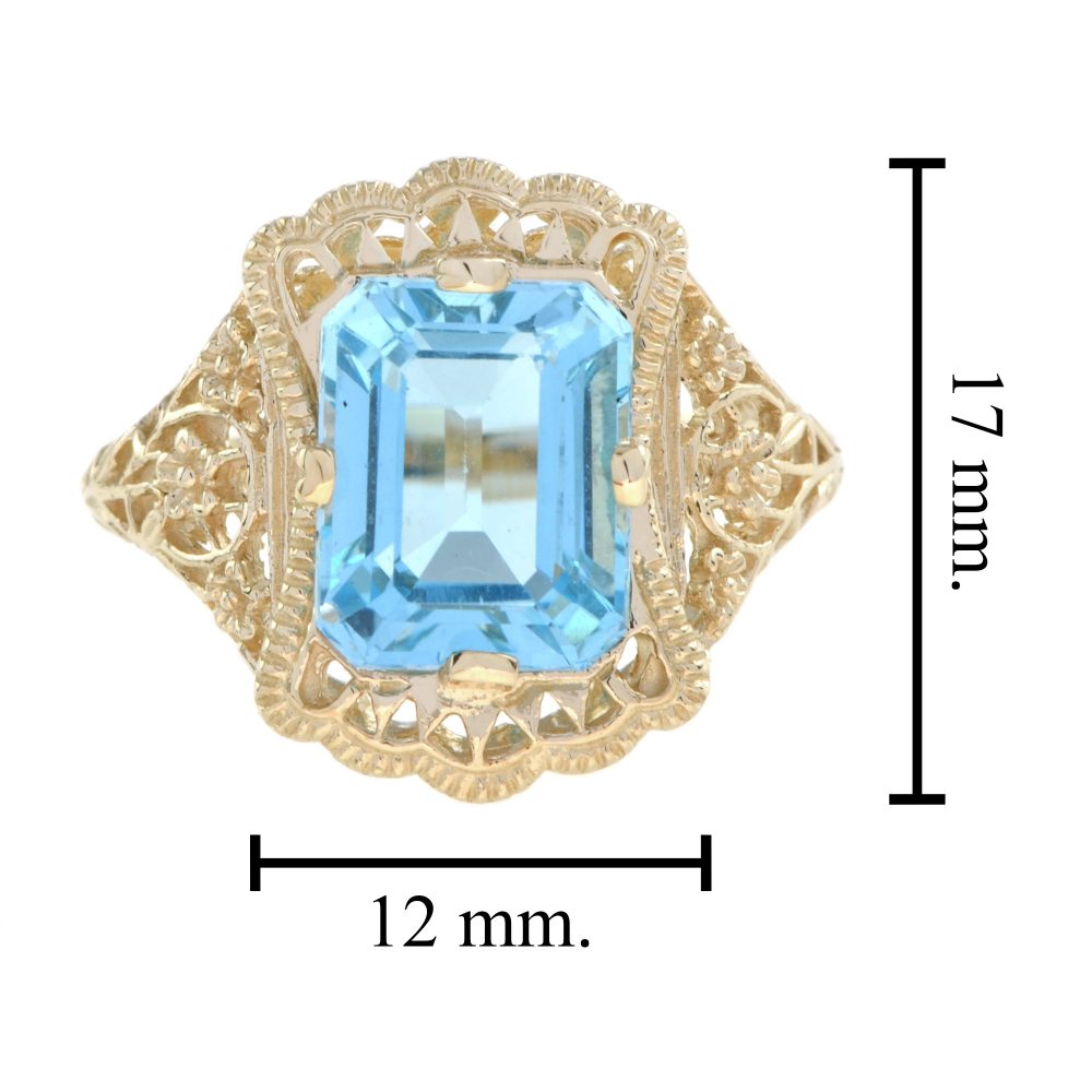 Natural Emerald Cut Blue Topaz Filigree Gold Ring