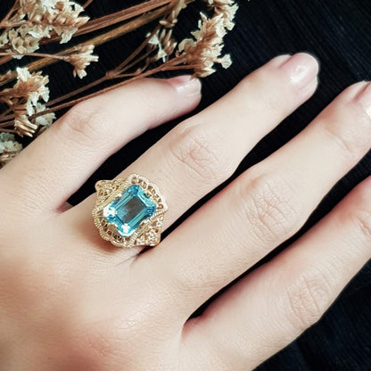 Natural Emerald Cut Blue Topaz Filigree Gold Ring