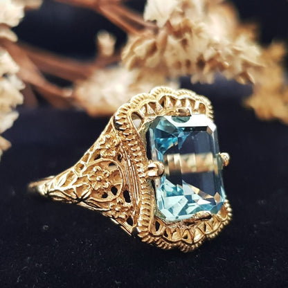 Natural Emerald Cut Blue Topaz Filigree Gold Ring
