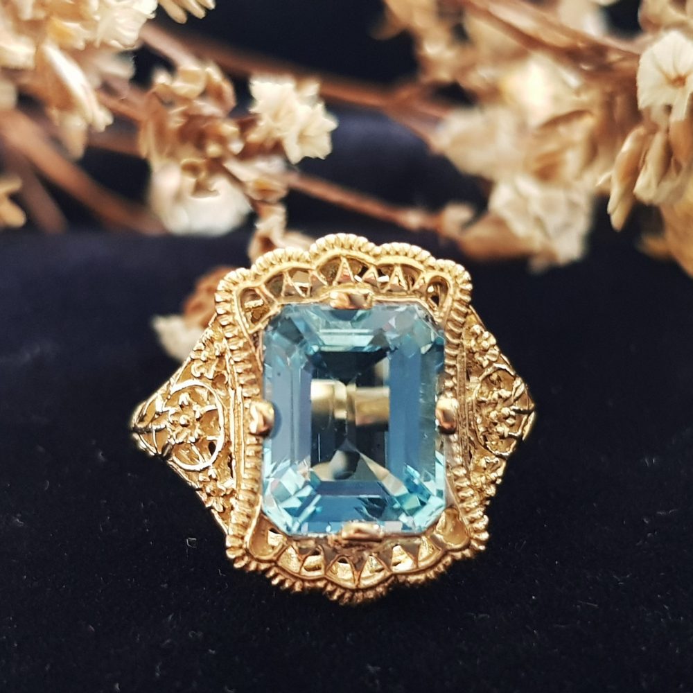 Natural Emerald Cut Blue Topaz Filigree Gold Ring