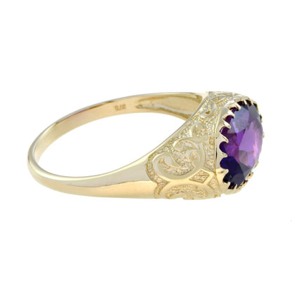 Antique Style Large 7.50ct Amethyst and Engraved Gold Signet Ring