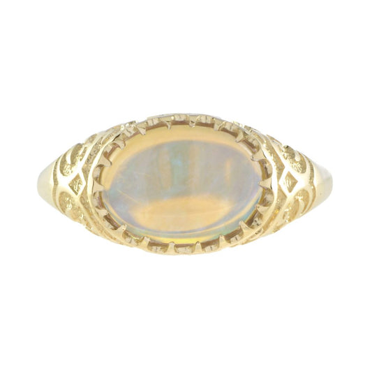 Antique Style 2.90ct Opal and Yellow Gold Engraved Signet Ring