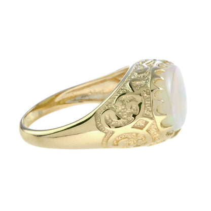 Antique Style 2.90ct Opal and Yellow Gold Engraved Signet Ring