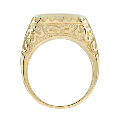 Antique Style 2.90ct Opal and Yellow Gold Engraved Signet Ring