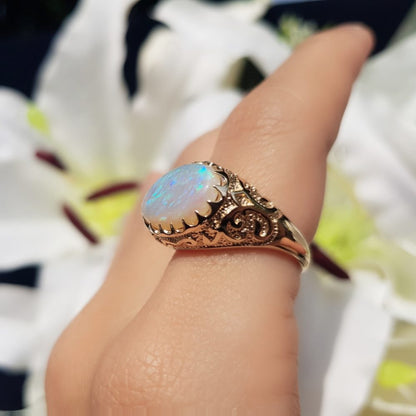 Antique Style 2.90ct Opal and Yellow Gold Engraved Signet Ring