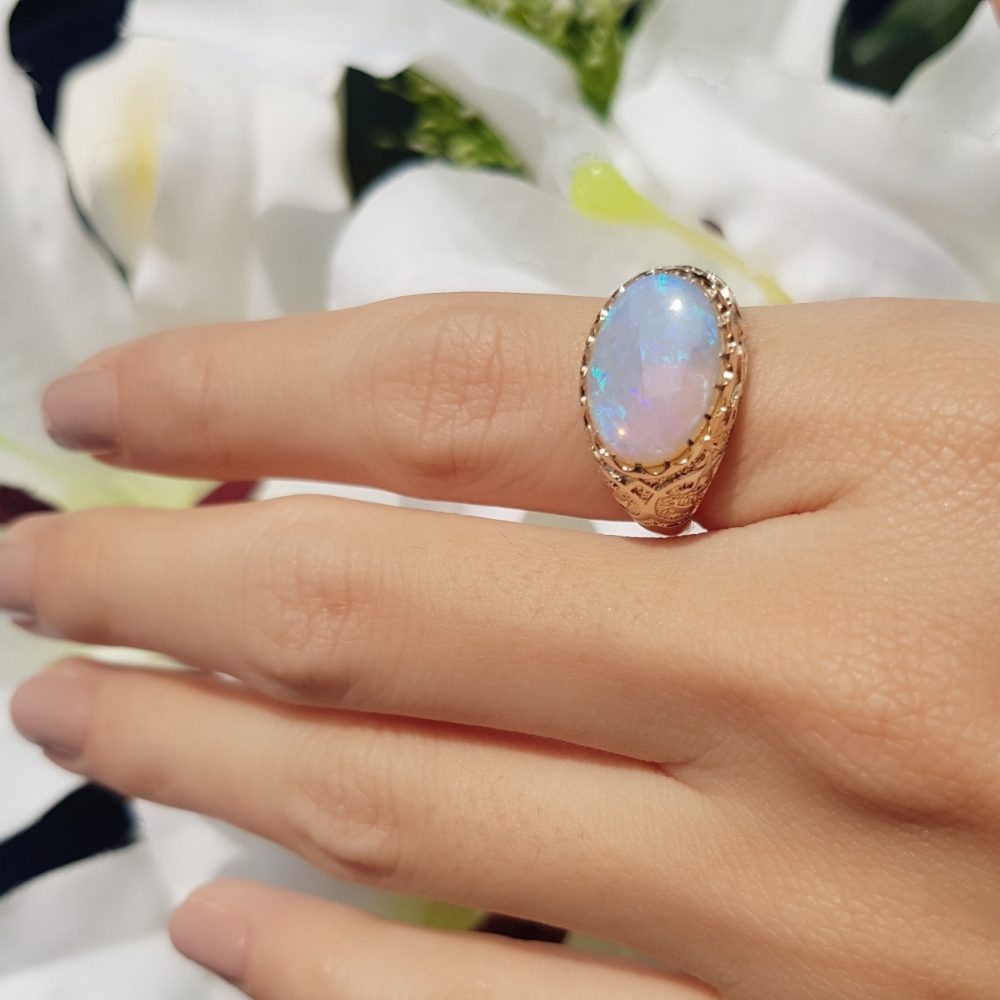 Antique Style 2.90ct Opal and Yellow Gold Engraved Signet Ring