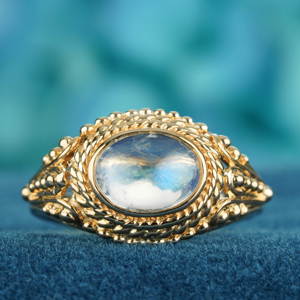Oval Cabochon Moonstone Solitaire and Gold Rope Ring