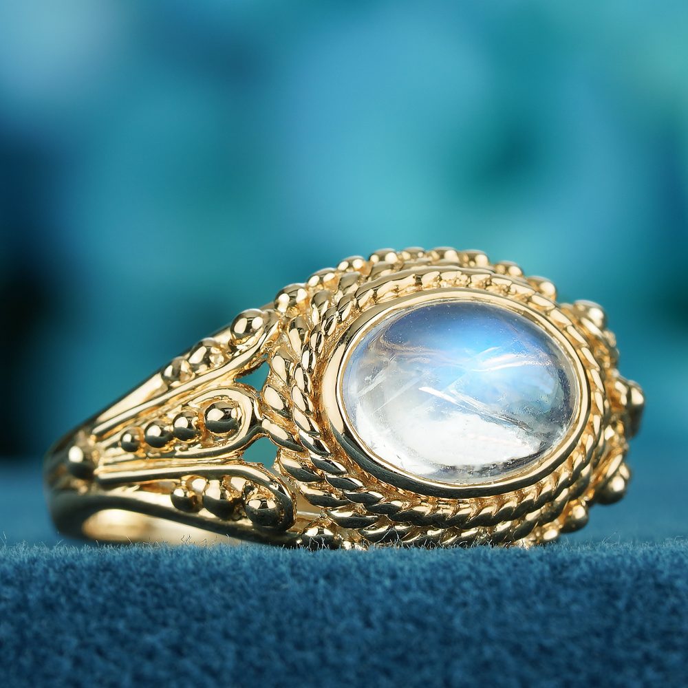 Oval Cabochon Moonstone Solitaire and Gold Rope Ring