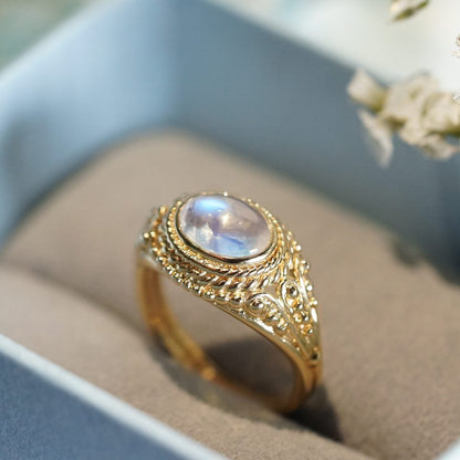 Oval Cabochon Moonstone Solitaire and Gold Rope Ring