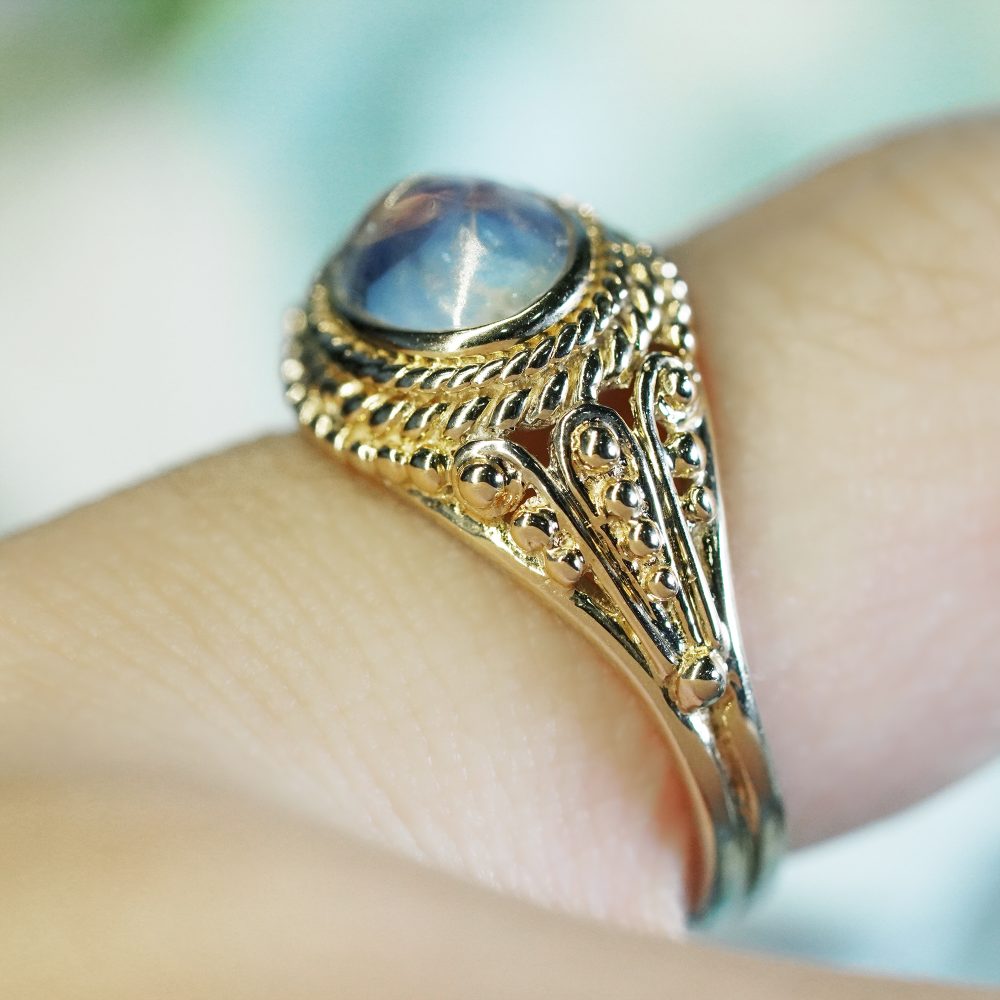 Oval Cabochon Moonstone Solitaire and Gold Rope Ring