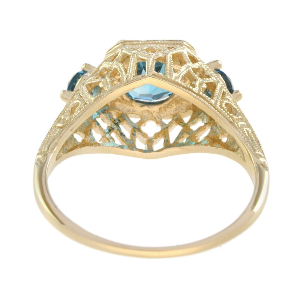 Blue Topaz Three Stone Filigree Yellow Gold Ring