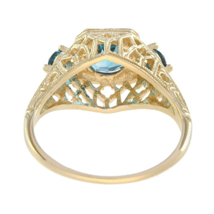 Blue Topaz Three Stone Filigree Yellow Gold Ring