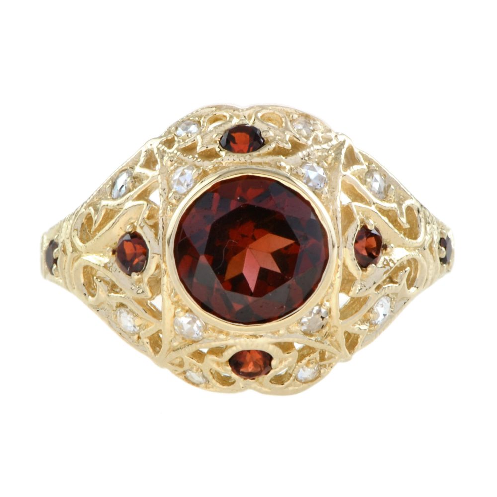 Garnet and Diamond Set Yellow Gold Dome Filigree Ring