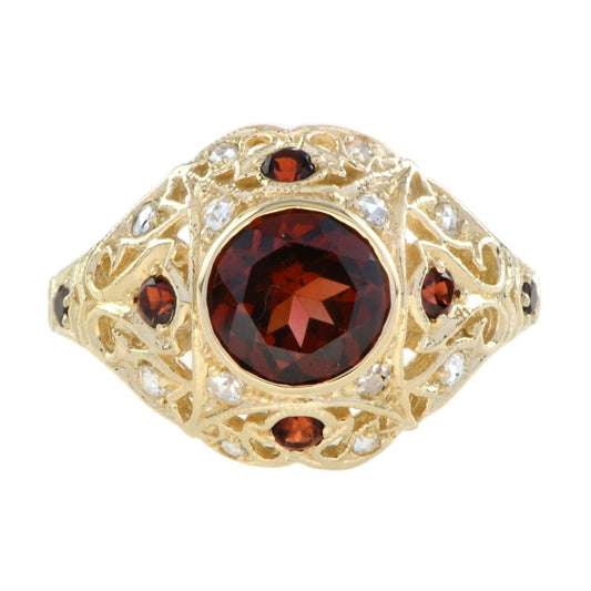 Garnet and Diamond Set Yellow Gold Dome Filigree Ring