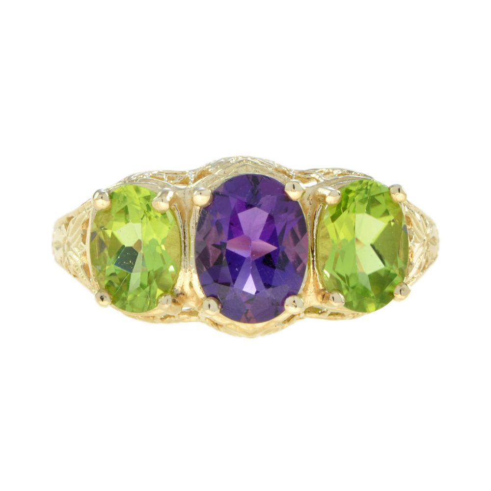 Amethyst and Peridot Three Stone Filigree Ring