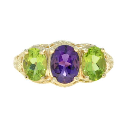 Amethyst and Peridot Three Stone Filigree Ring