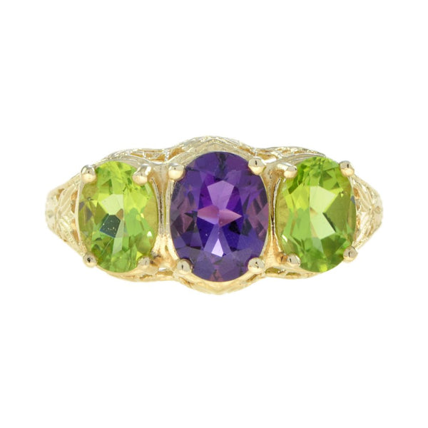Amethyst and Peridot Three Stone Filigree Ring