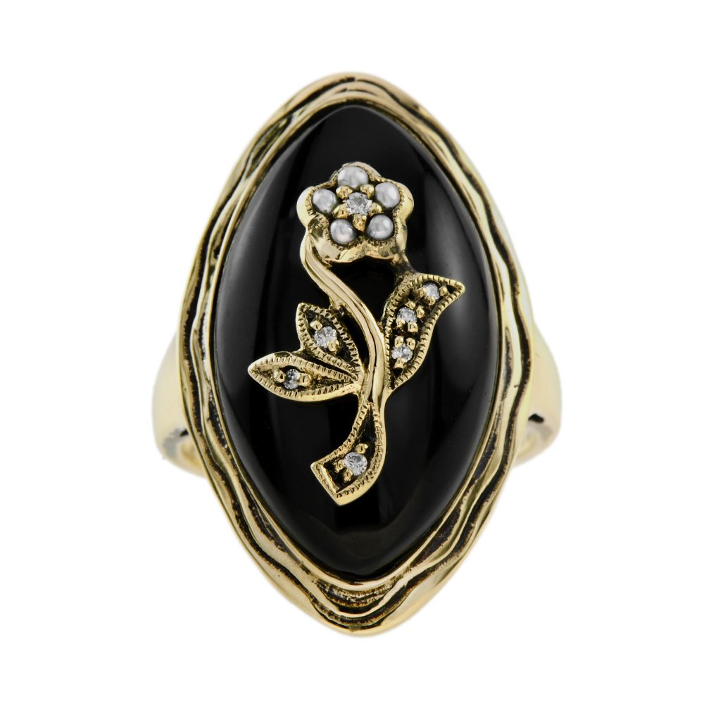 Black Onyx Navette Plaque Ring with Diamond and Pearl Flower