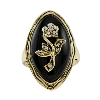 Black Onyx Navette Plaque Ring with Diamond and Pearl Flower