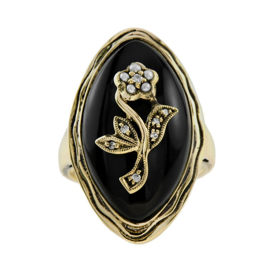Black Onyx Navette Plaque Ring with Diamond and Pearl Flower