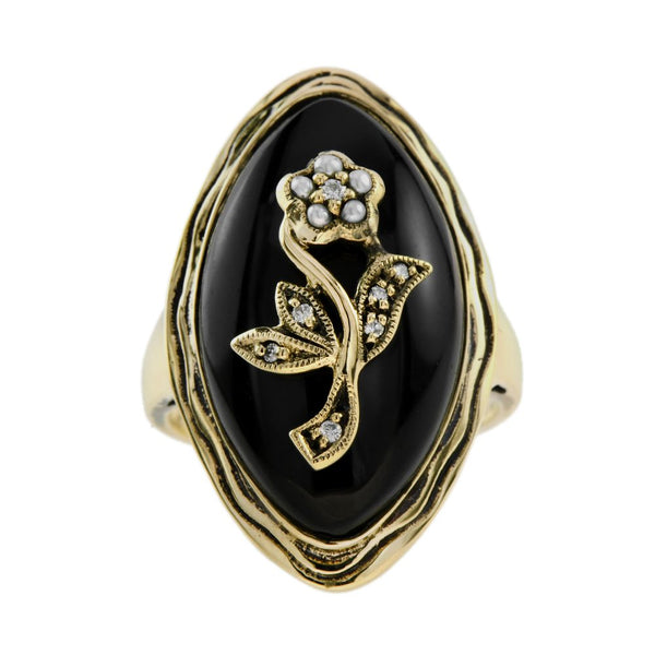Black Onyx Navette Plaque Ring with Diamond and Pearl Flower