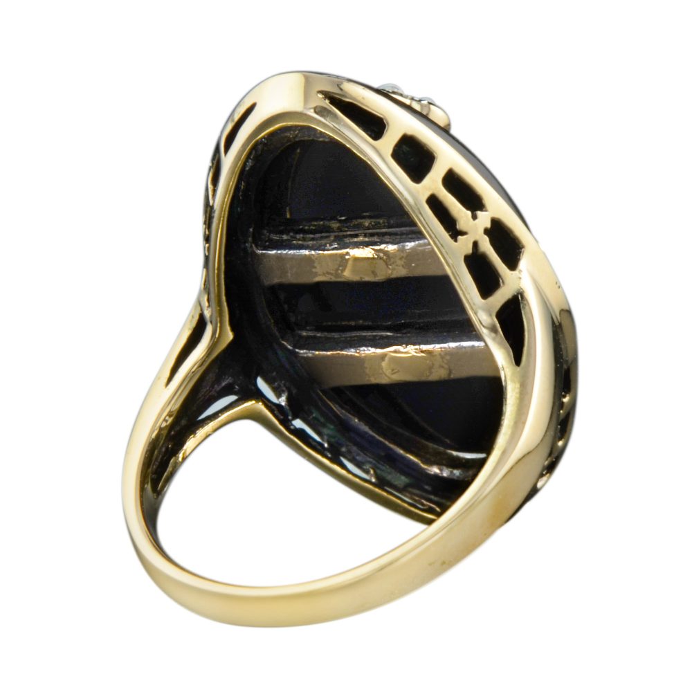 Black Onyx Navette Plaque Ring with Diamond and Pearl Flower