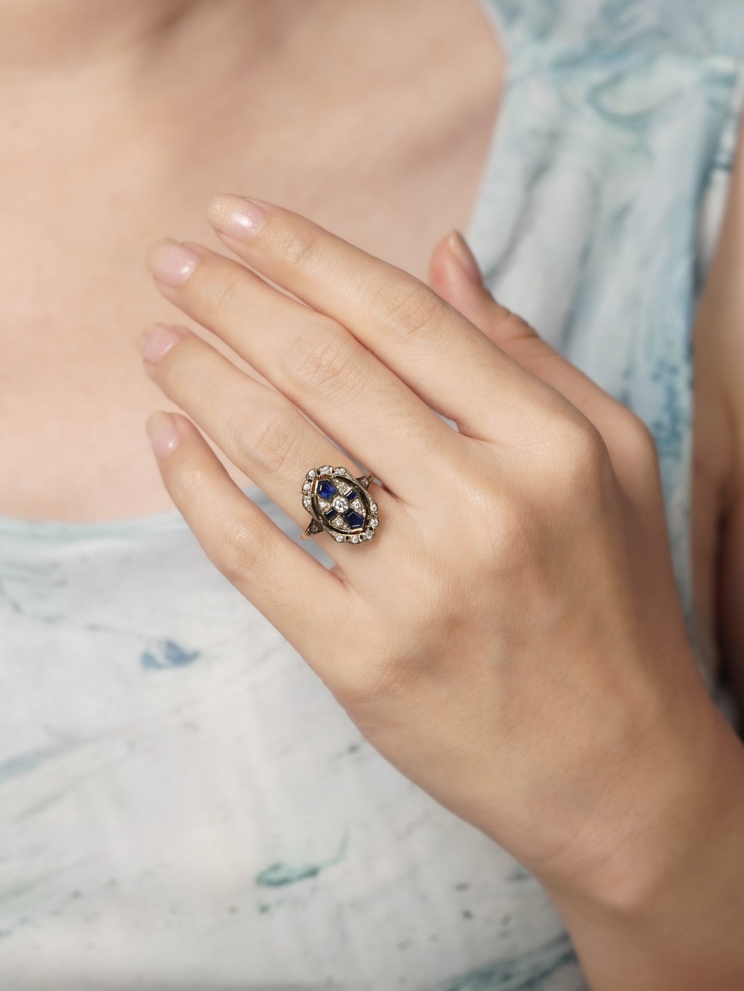 Diamond and Sapphire Cross Cluster Dress Ring in 14ct Yellow Gold