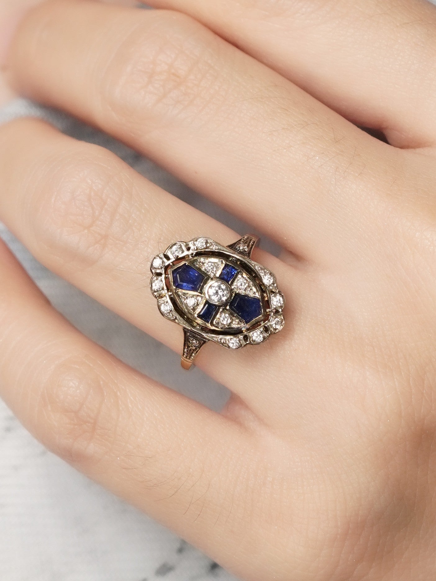 Diamond and Sapphire Cross Cluster Dress Ring in 14ct Yellow Gold