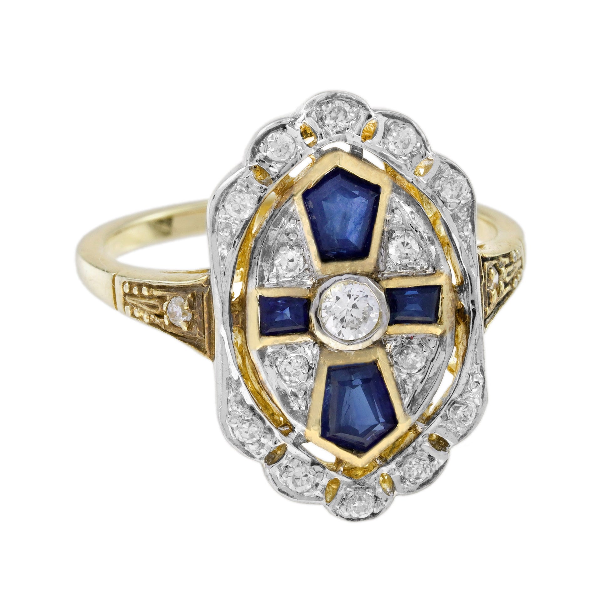 Diamond and Sapphire Cross Cluster Dress Ring in 14ct Yellow Gold