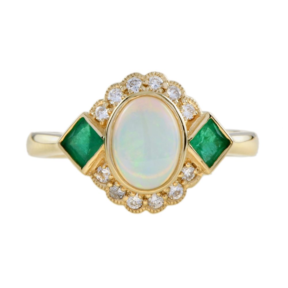 Australian Opal Emerald and Diamond Cluster Dress Ring