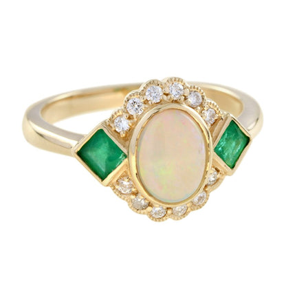 Australian Opal Emerald and Diamond Cluster Dress Ring