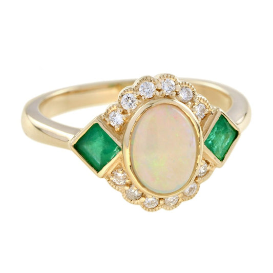 Australian Opal Emerald and Diamond Cluster Dress Ring