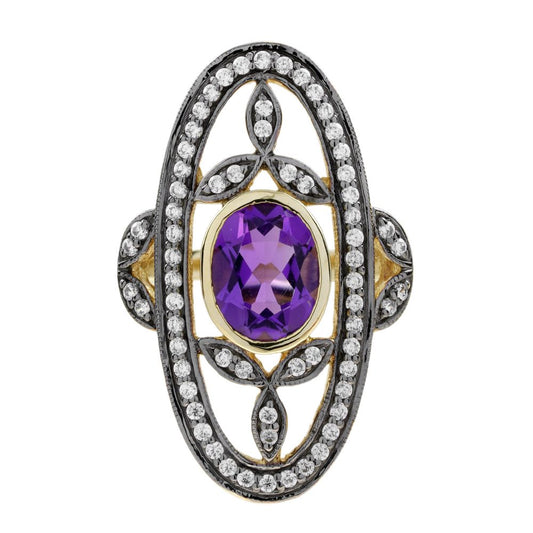 Amethyst and Diamond Oval Cluster Plaque Ring