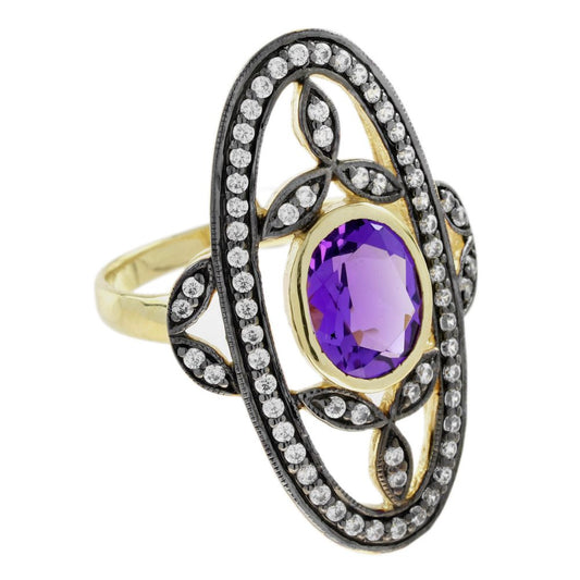 Amethyst and Diamond Oval Cluster Plaque Ring