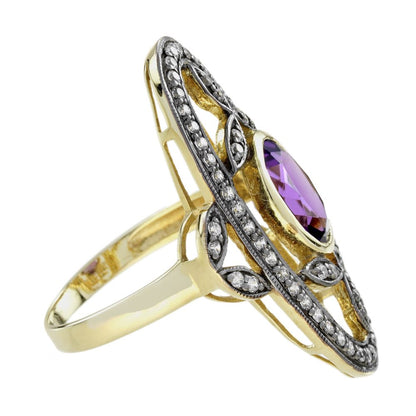 Amethyst and Diamond Oval Cluster Plaque Ring