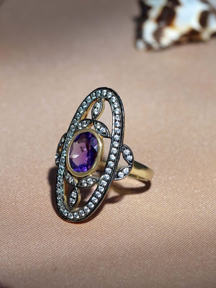 Amethyst and Diamond Oval Cluster Plaque Ring