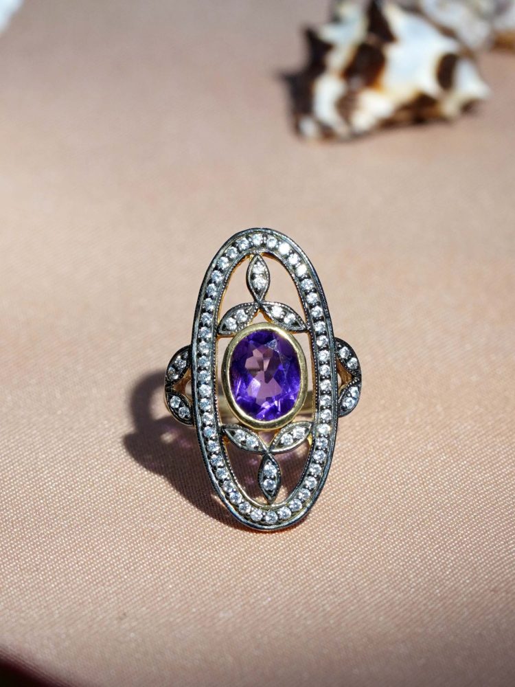 Amethyst and Diamond Oval Cluster Plaque Ring