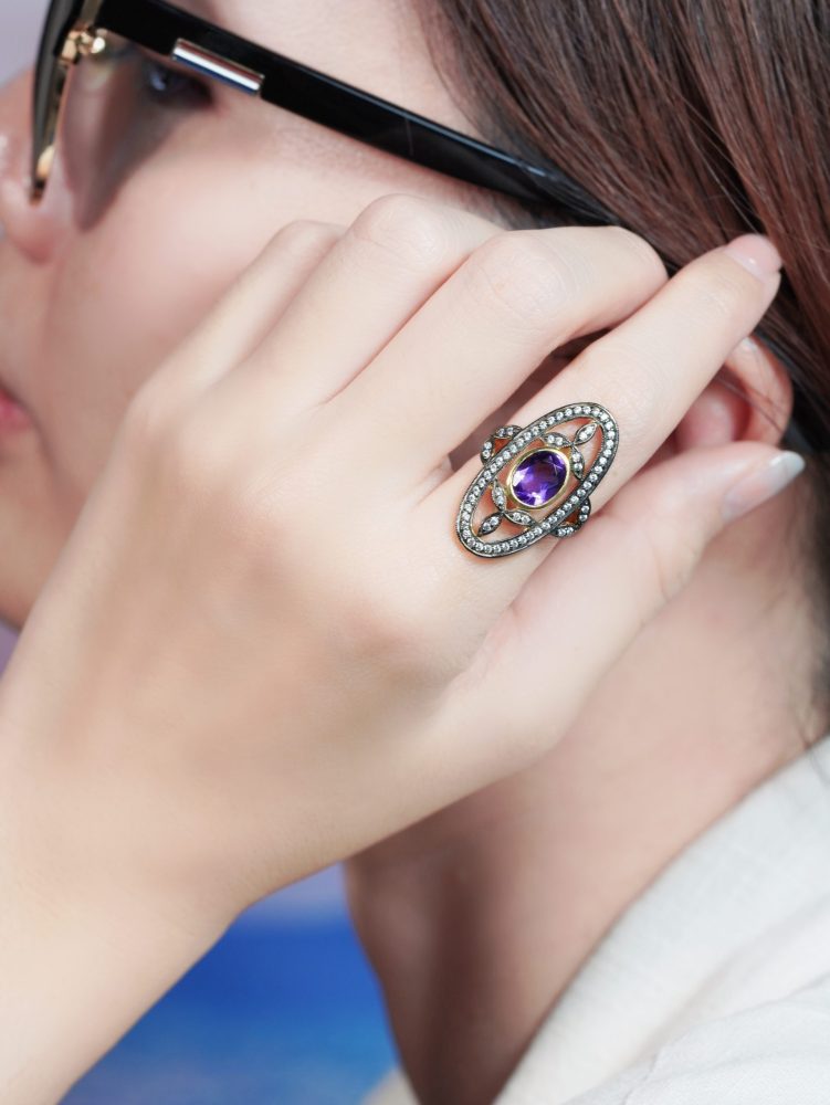 Amethyst and Diamond Oval Cluster Plaque Ring