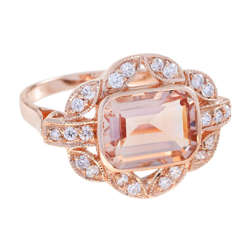 Decorative 2.68ct Emerald Cut Morganite and Diamond Cluster Ring in 14ct Rose Gold