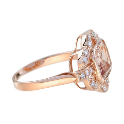 Decorative 2.68ct Emerald Cut Morganite and Diamond Cluster Ring in 14ct Rose Gold