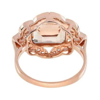 Decorative 2.68ct Emerald Cut Morganite and Diamond Cluster Ring in 14ct Rose Gold
